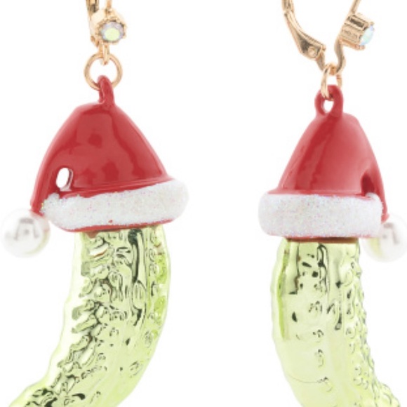 Betsey Johnson Festive Pickle Earrings with Santa Hat - Picture 3 of 4